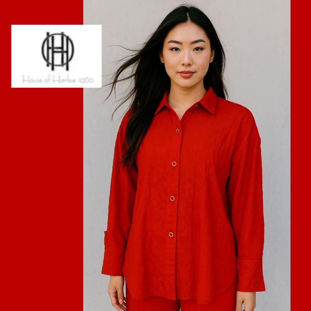 NWT House of Harlow 1960 Red Button Up Long-Sleeve Blouse (Over-Sized Fit)